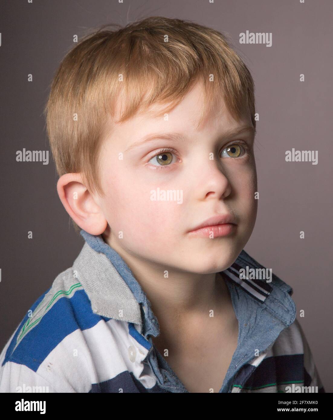 Der Junge starrt in einer Studiopose in die Ferne. Stockfoto