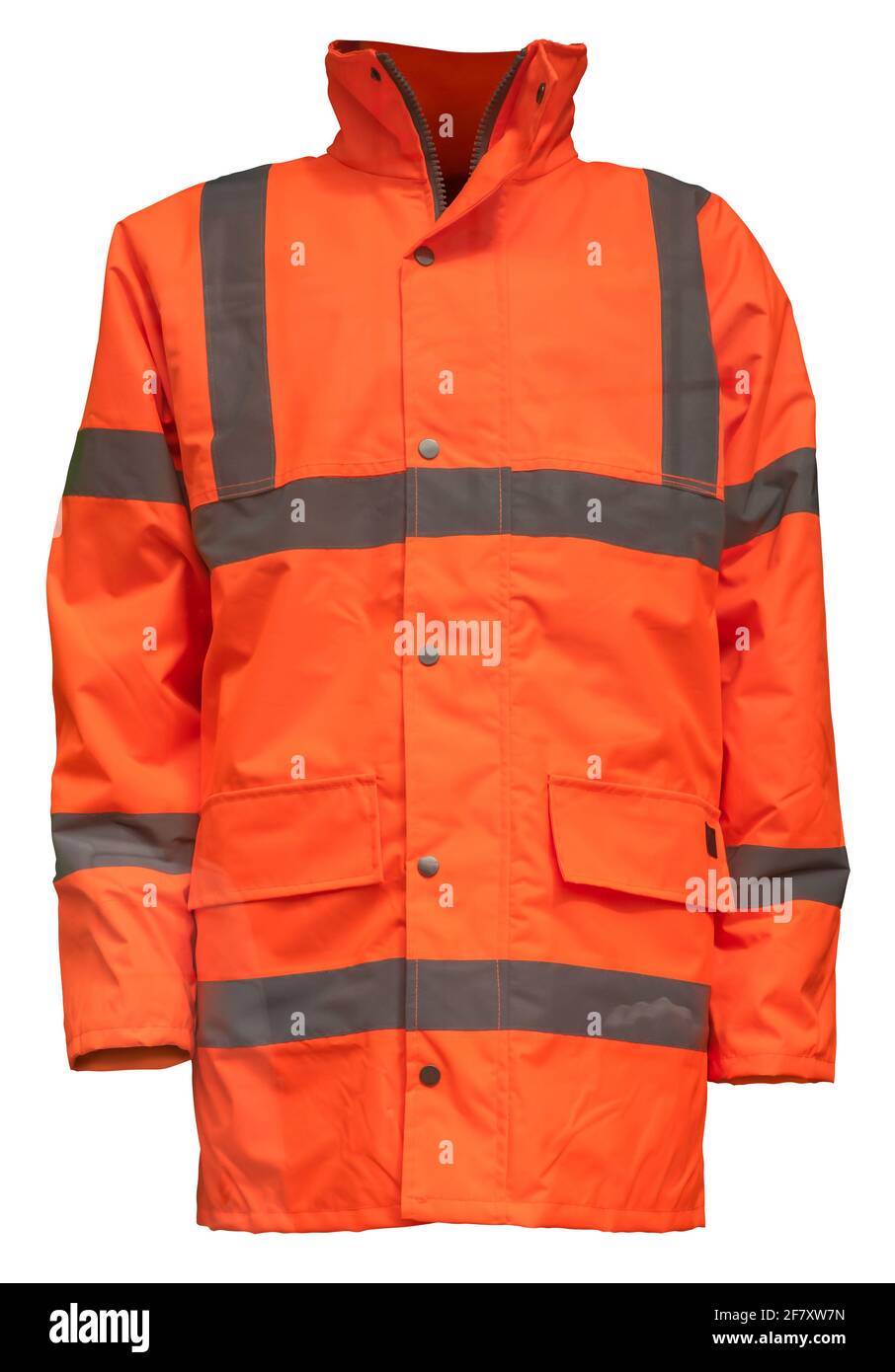Eine orangefarbene Sicherheitsjacke mit hoher Sichtbarkeit (Hi Vis), isoliert auf WEISSEM Hintergrund Stockfoto