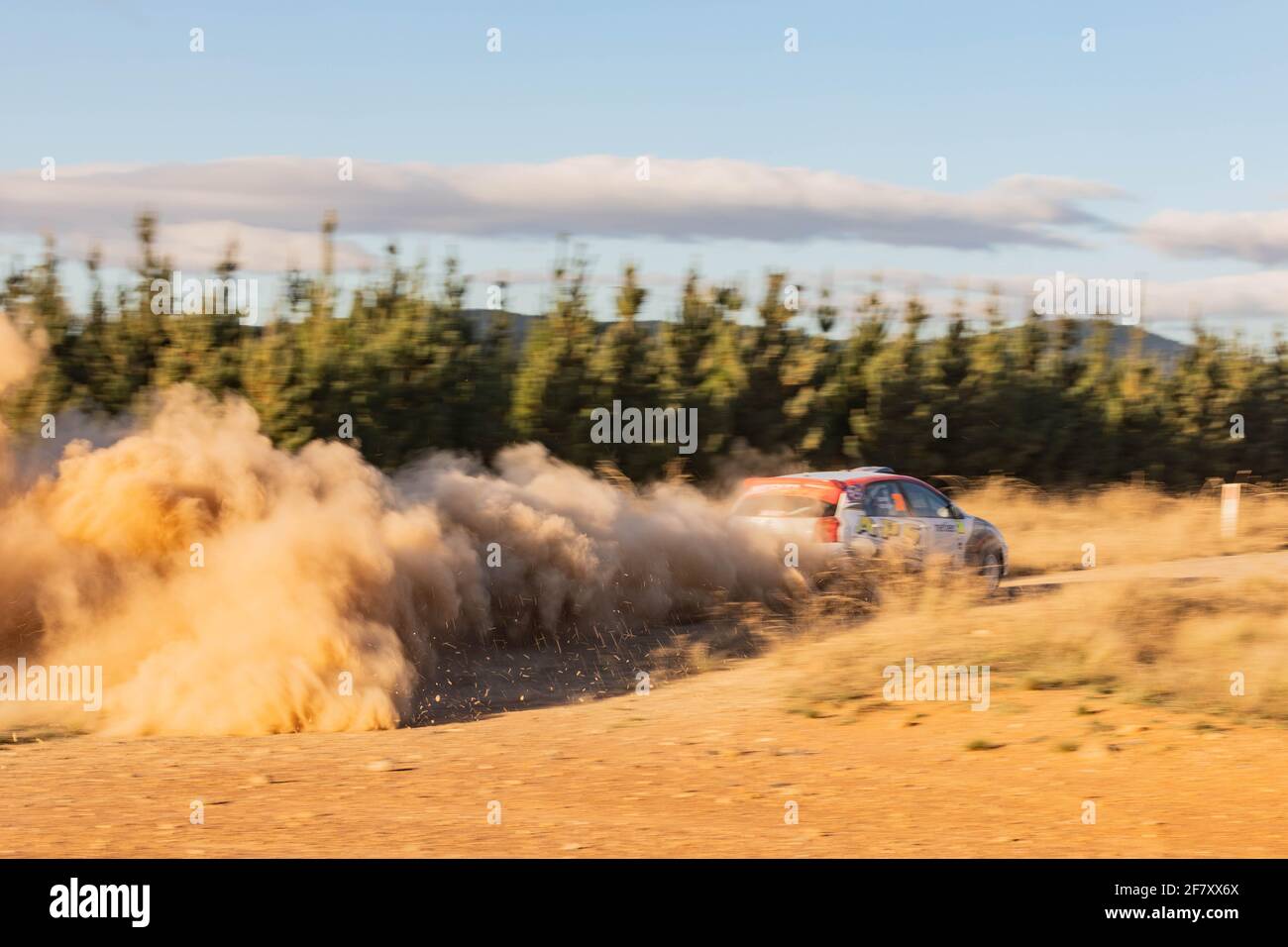 Canberra, Australien. April 2021. Ein Rennfahrer steuert sein Auto während der Netier National Capital Rally in Canberra, der Hauptstadt Australiens, am 10. April 2021. Die Netier National Capital Rally findet vom 9. Bis 11. April dieses Jahres statt. Er läuft seit 1995 kontinuierlich und wird zu einer Runde der Australian Rally Championship. Quelle: Chu Chen/Xinhua/Alamy Live News Stockfoto