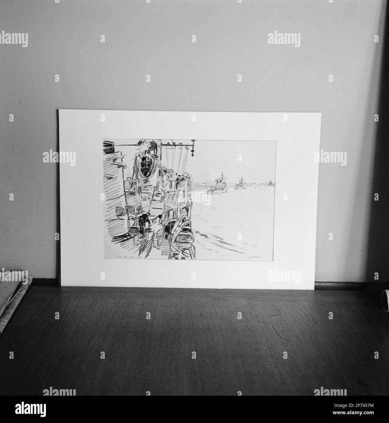 Zeichnung eines U-Boot-Jägers (Vordergrund), der in Kiellinie mit anderen U-Boot-Jungys segelt, 1958. Stockfoto