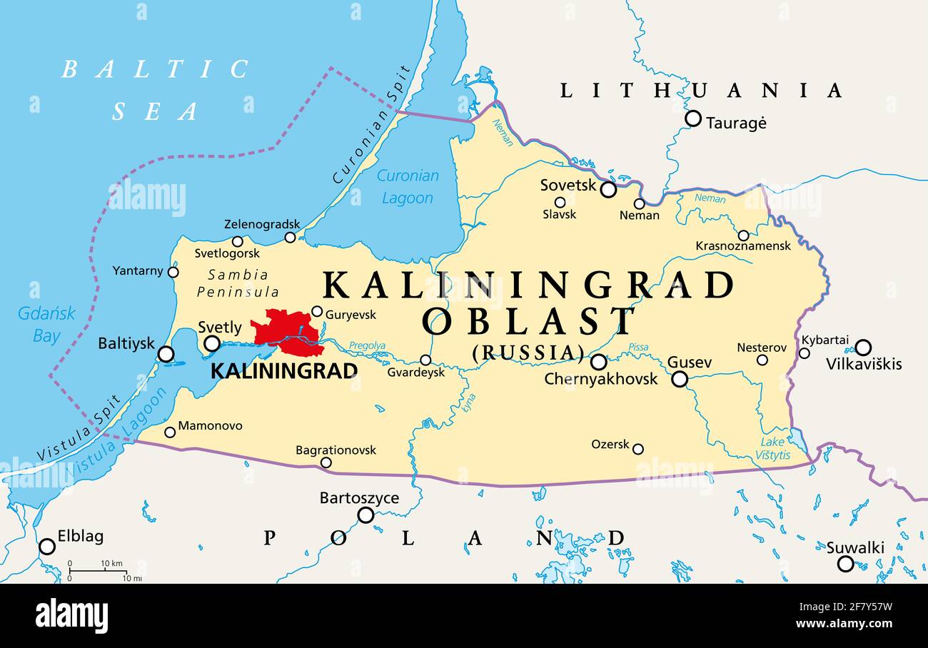 Oblast Königsberg, politische Landkarte. Das Gebiet von Königsberg, föderales Subject und Halbenklave Russlands, liegt an der Küste der Ostsee. Stockfoto
