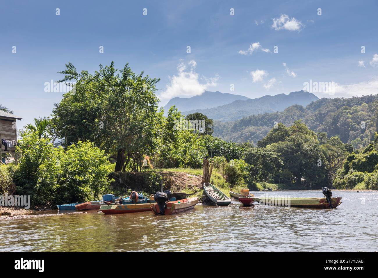 Boote im Dorf am Melinau River, Gunung Mulu Nationalpark, Malaysia Stockfoto