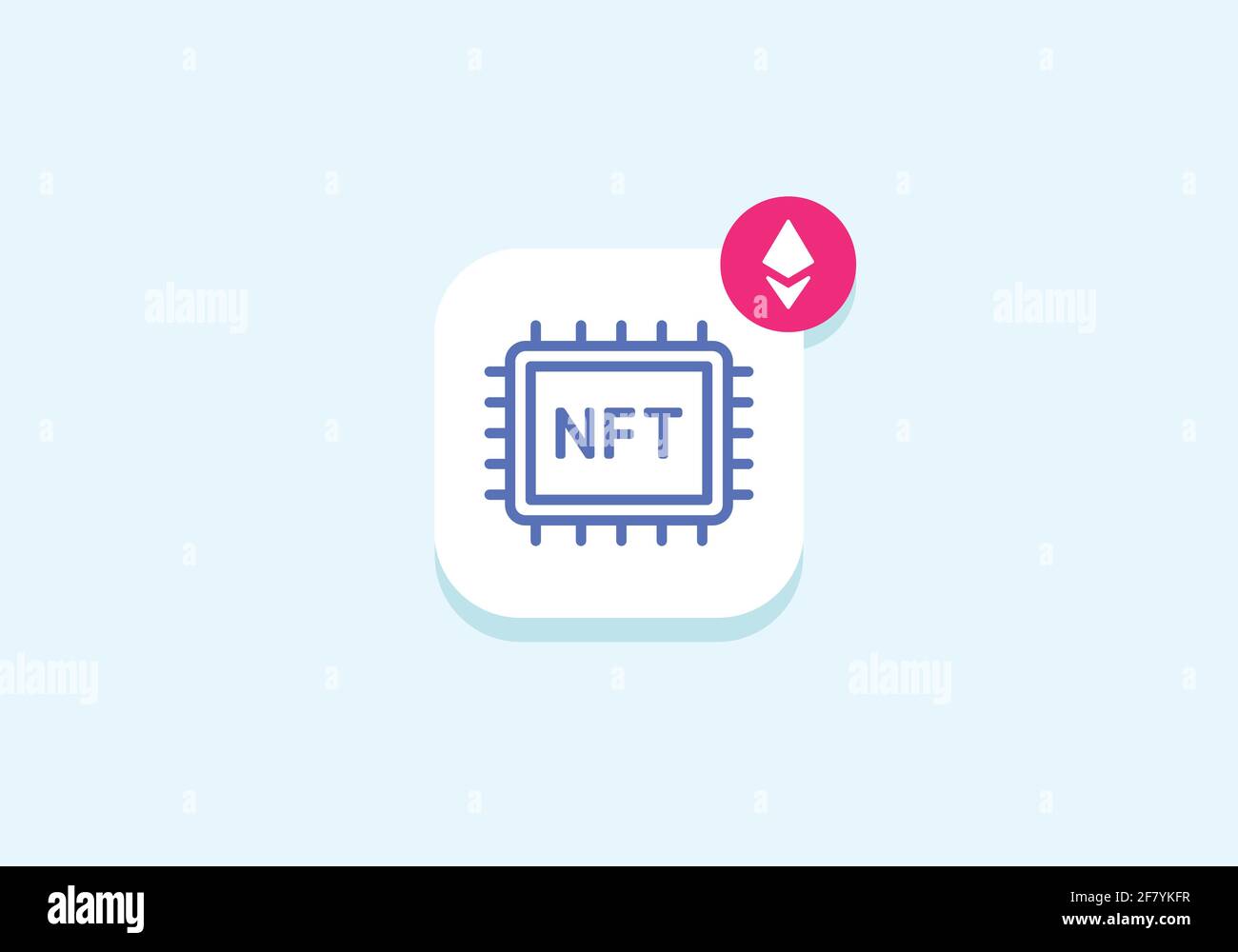 Flaches Symbol für die NFT-App. Nicht vertretbares Token-Konzept, Krypto-Art-Benachrichtigung mit ethereum-Zeichen. Dezentrale Inhaltskarte für Sammlerstücke. Stock Vektor