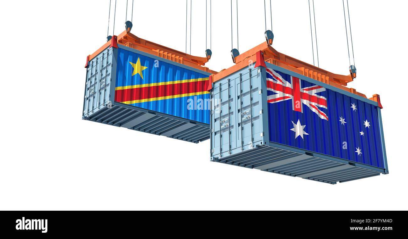 Frachtcontainer mit Nationalflaggen der Demokratischen Republik Kongo und Australien. 3D-Rendering Stockfoto