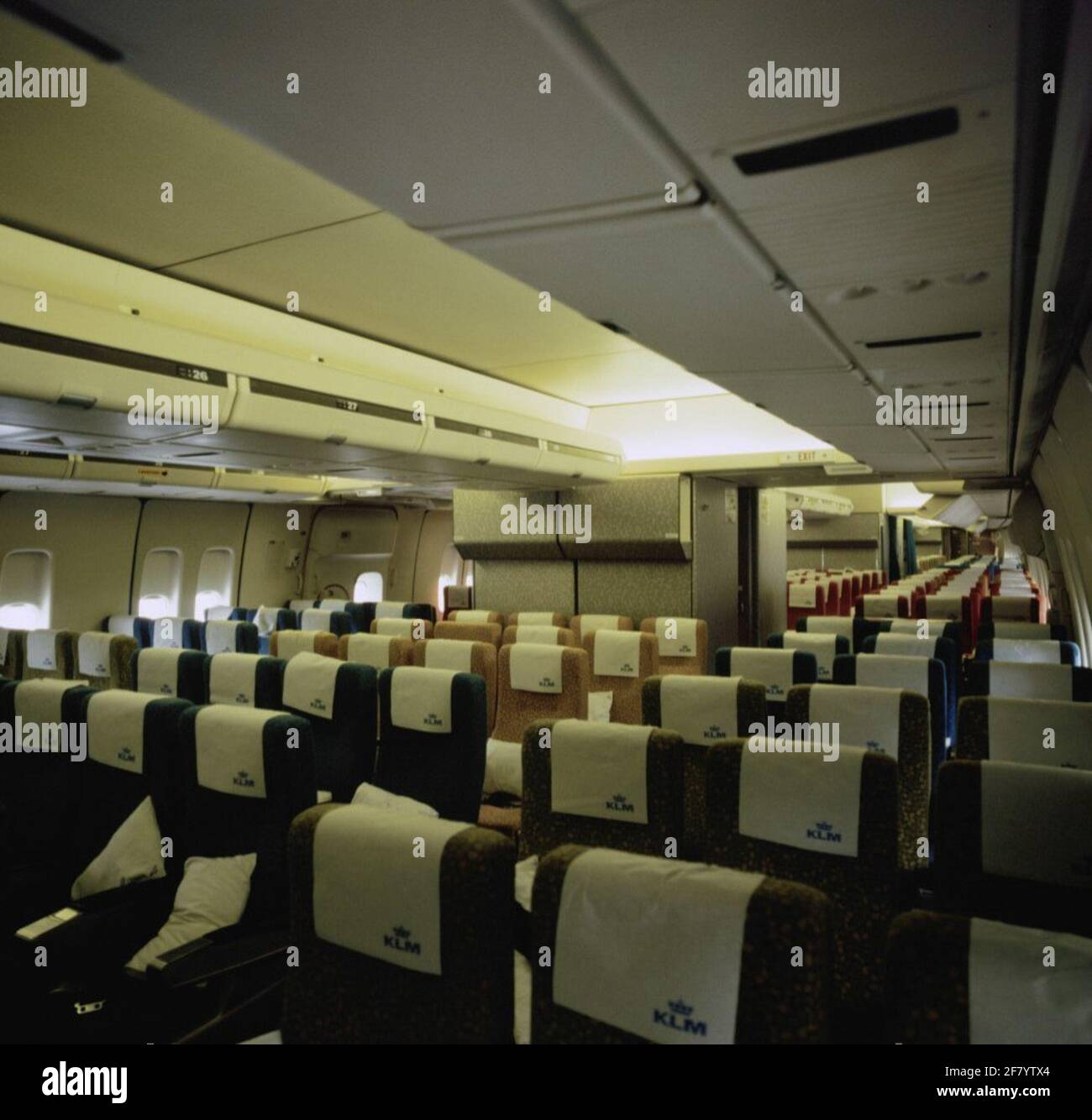 Das Innere der Boeing 747-200 „Sir Charles E. Kingsford Smith“ vom KLM am Flughafen Schiphol. Stockfoto