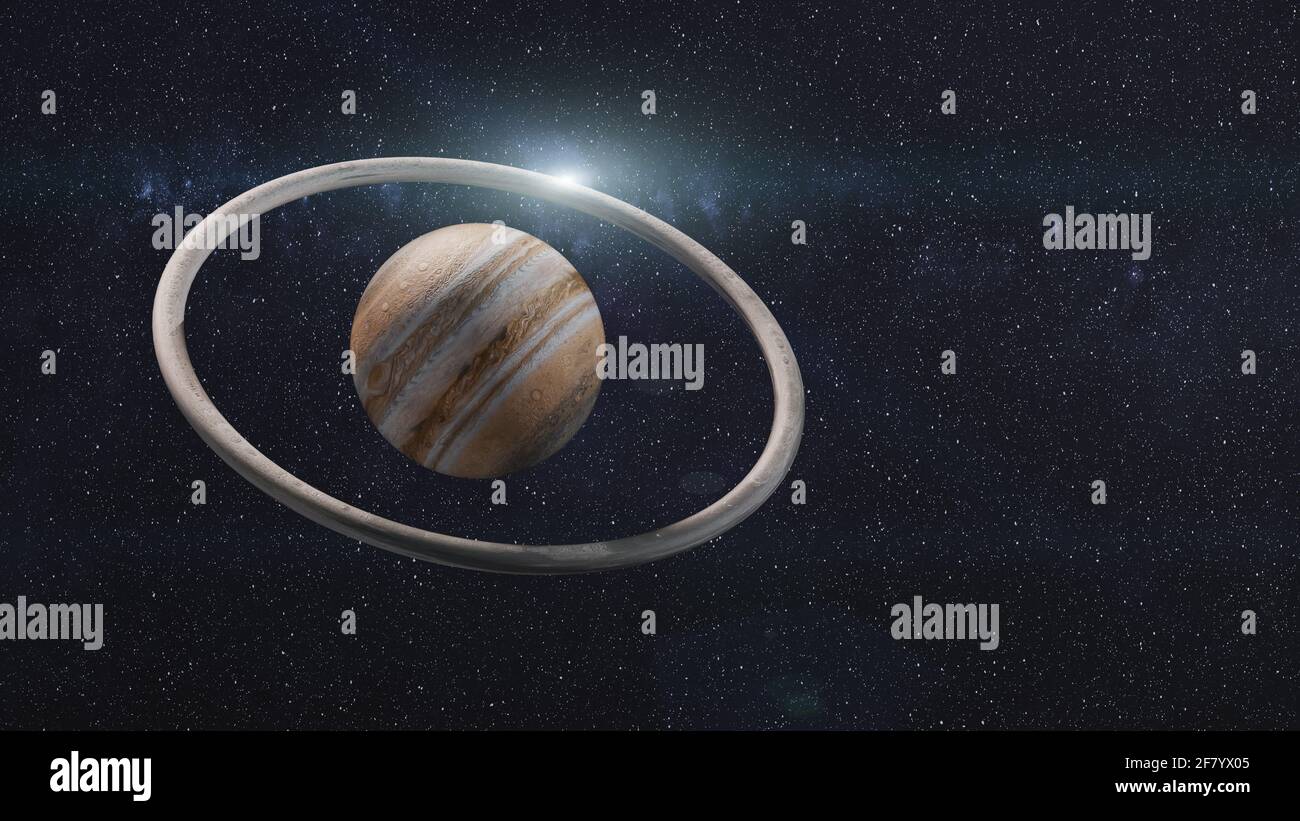 Fantastischer Jupiter-Planet mit Torusfelsenring mit Linsenreflexe. Breite 3D-Darstellung. Elemente dieses Bildes, die von der NASA eingerichtet wurden. Stockfoto