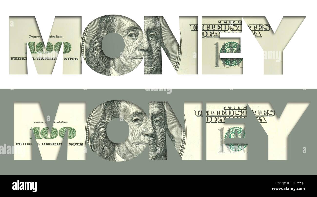 Das Wort GELD erscheint mit einem US-amerikanischen einhundert-Dollar-Schein, der die Buchstaben ausfüllt. Zwei Versionen in einem Design. Dies ist eine 3-D-Abbildung. Stockfoto