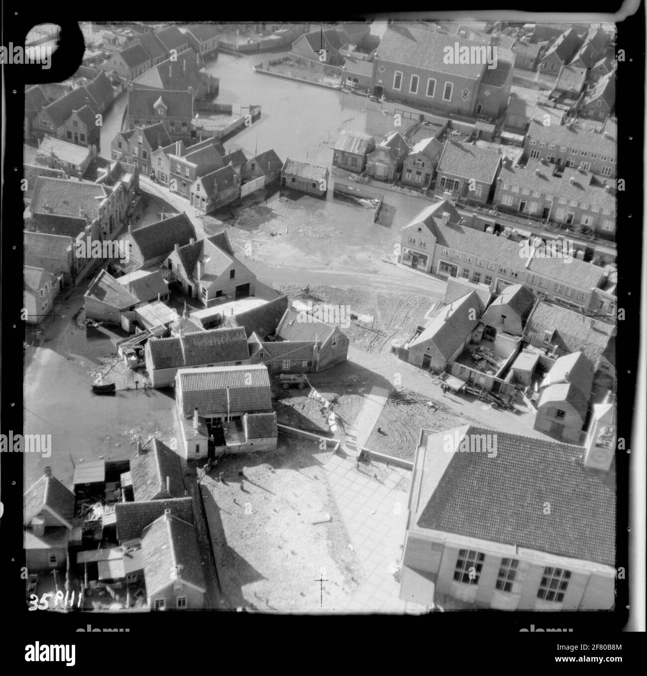 Watershop 1953. Luftfoto von Bruinisse mit einem Überblick über das von der Katastrophe betroffene Gebiet. Stockfoto