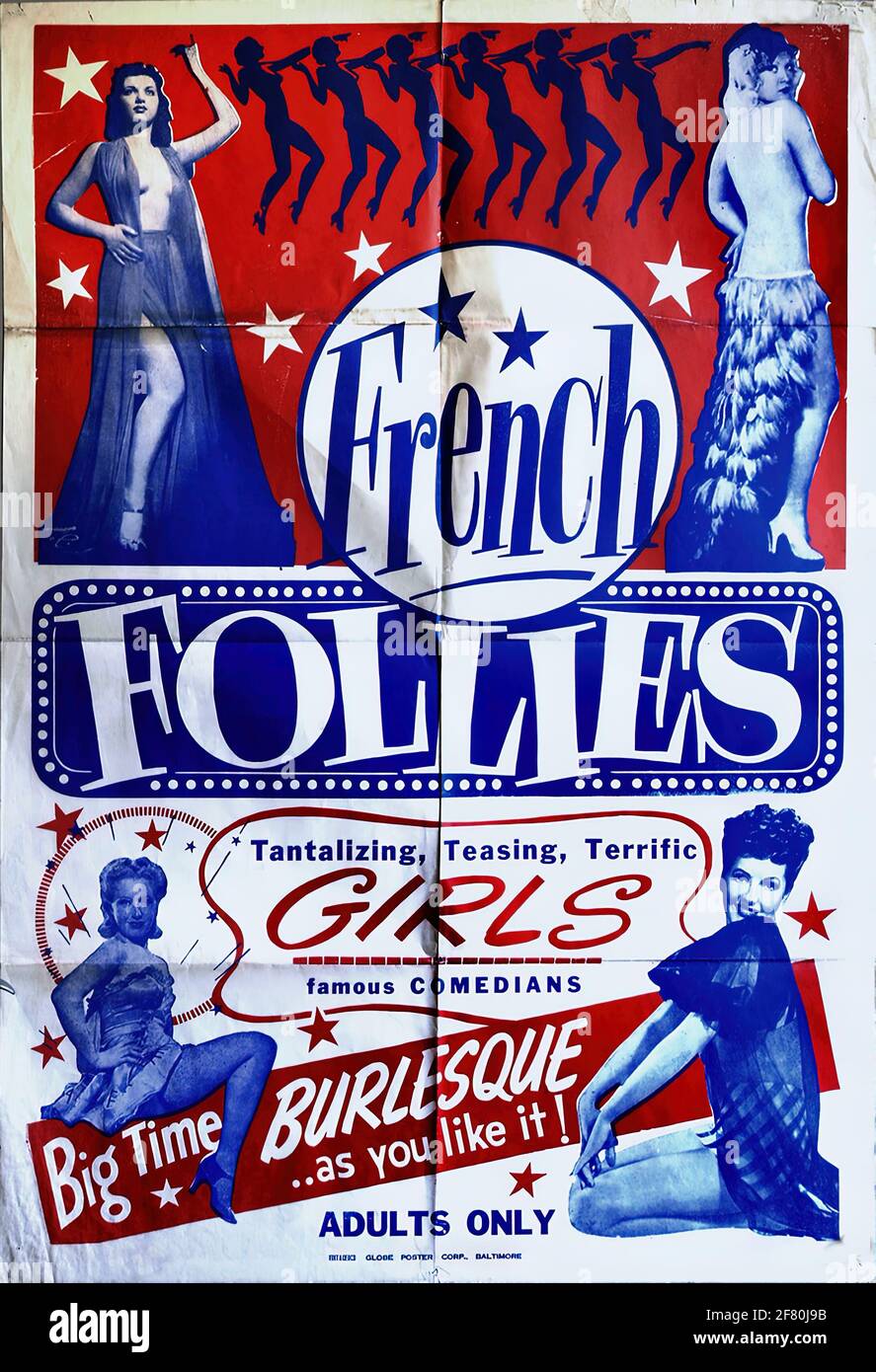 Ein Vintage Theaterproduktionsplakat für die französische Follies Burlesque Show Stockfoto
