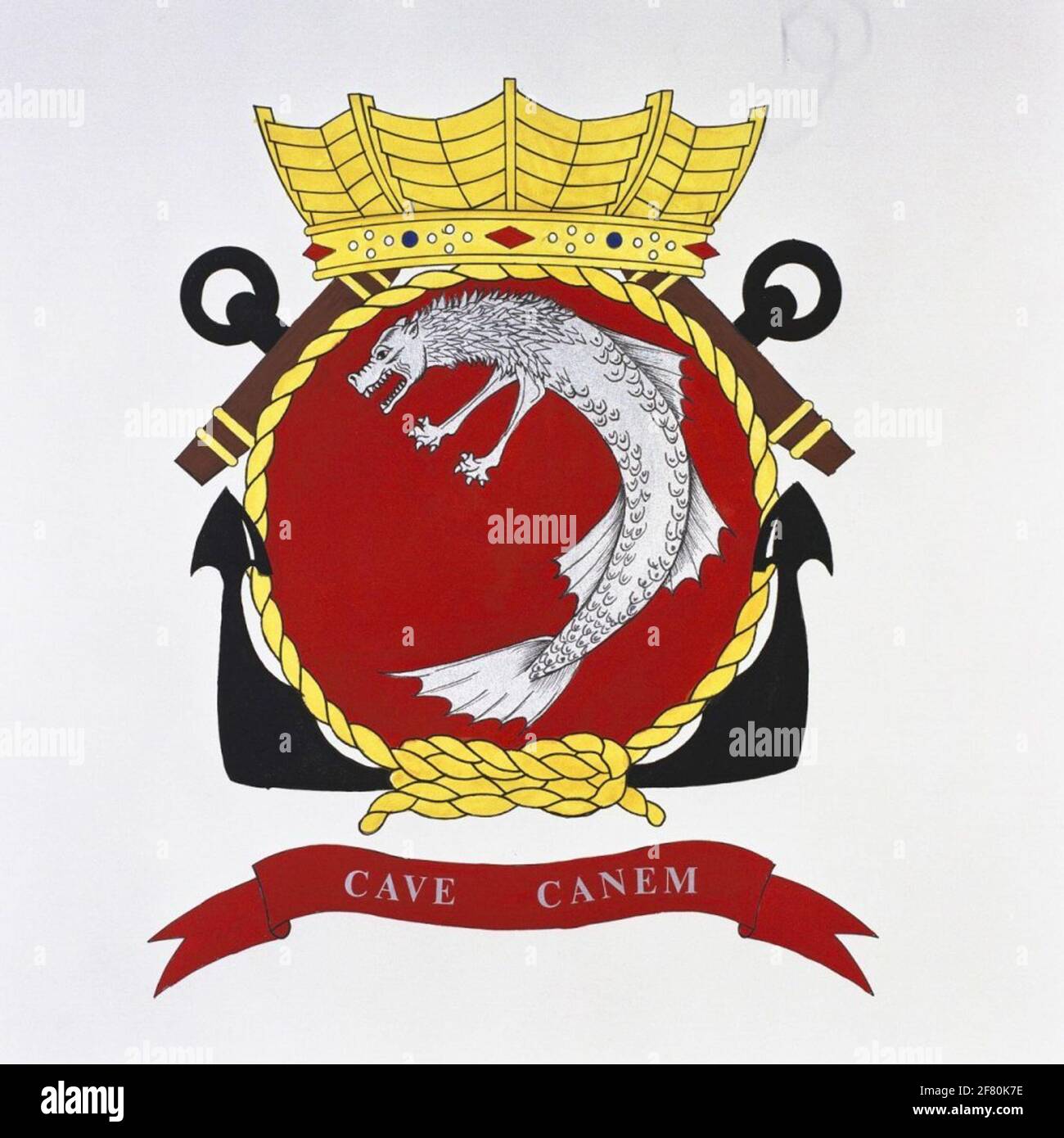 DICHTUNG. Bei der Herstellung des Emblems entschied man sich für das mittelalterliche Wappensiegel. Dies, weil eine lebensechte Robbe auf dem Walrus zu viel scheinen würde und vielleicht auch ein 'zahmes' Tier wäre. Das Emblem ist Cave Canem (du magst den Hund). Logo von hr.ms gefüttert. Dichtung (1961-1990). Stockfoto