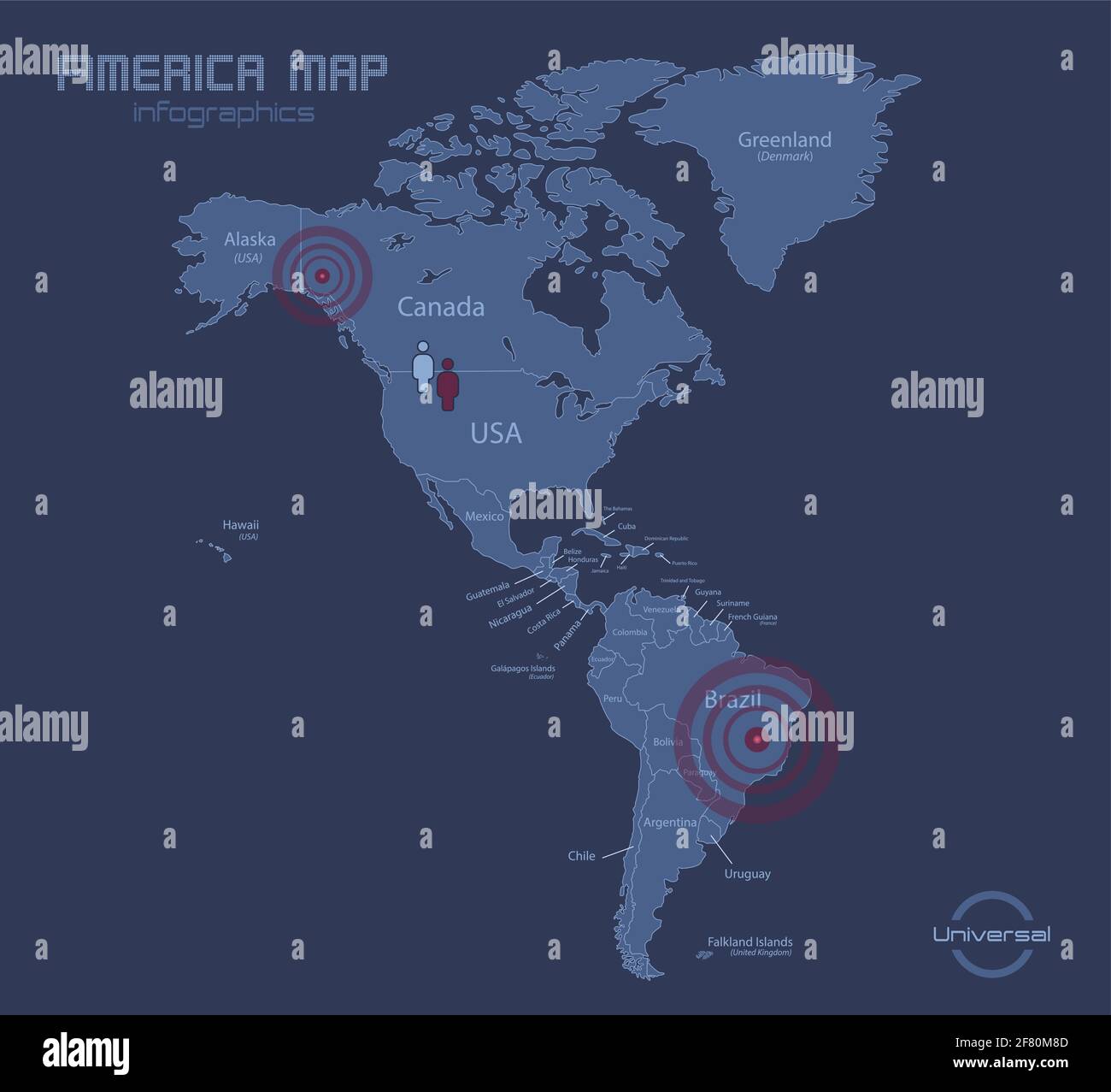 Amerika-Karte, mit Namen der einzelnen Staaten, Infografiken blau flach Design-Vektor Stock Vektor