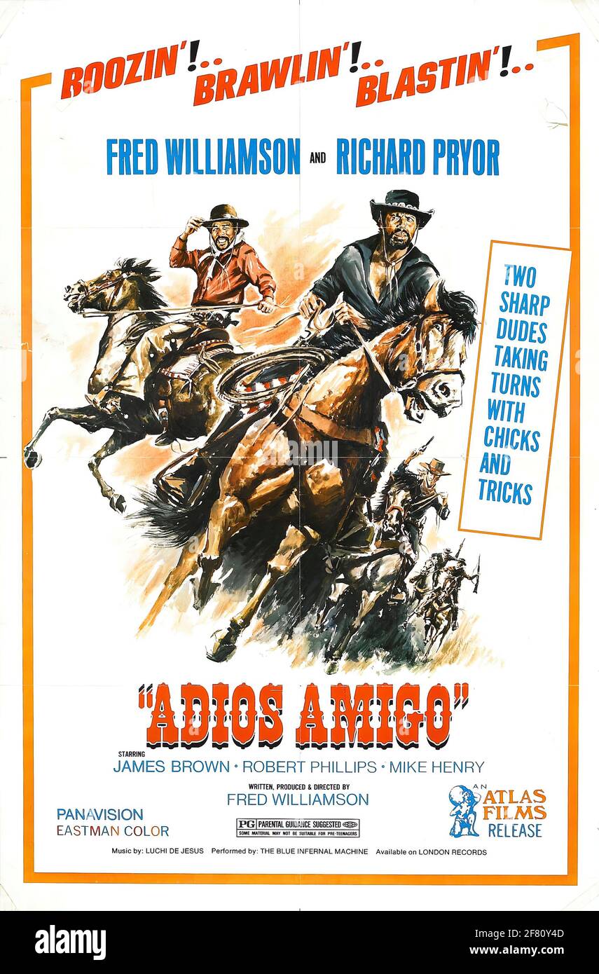 Ein altes B-Movie-Action-Filmplakat für Adios Amigo Stockfoto
