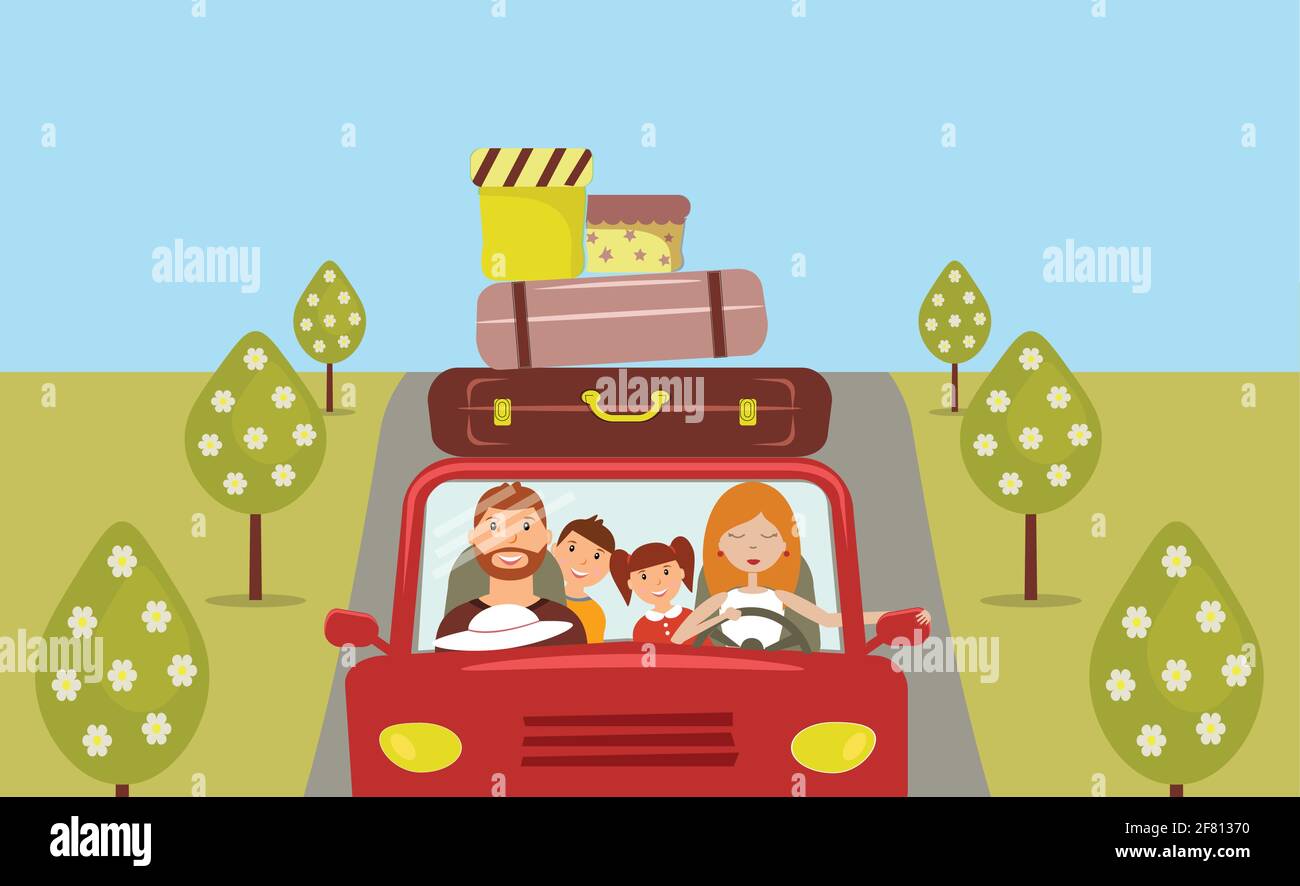 Eine glückliche Familie fährt mit dem Auto in den Urlaub. Mama fährt mit dem Auto, Papa sitzt neben ihr und die Kinder sitzen hinten.EIN Haufen Koffer Stock Vektor