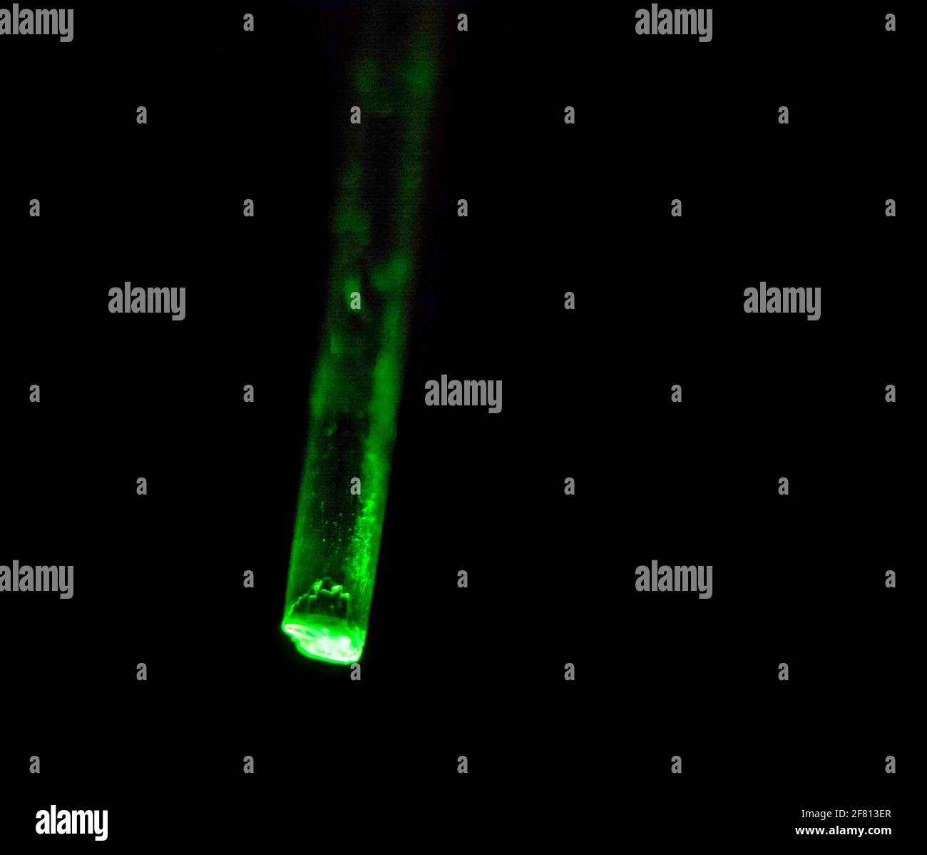 Eine Kunststoff-Lichtfaser mit durchscheinendem Licht und dunklem Hintergrund. Bild mit geringer Schärfentiefe. Stockfoto Eine Kunststoff-Lichtfaser mit durchscheinendem Licht und dunklem Hintergrund. Bild mit geringer Schärfentiefe. Stockfoto