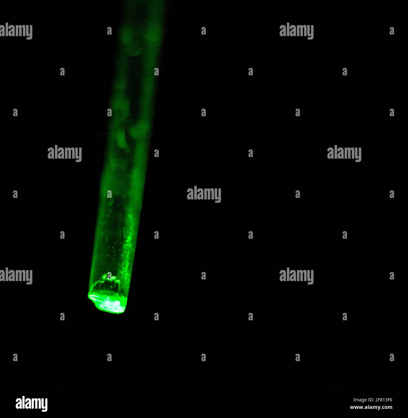 Eine Kunststoff-Lichtfaser mit durchscheinendem Licht und dunklem Hintergrund. Bild mit geringer Schärfentiefe. Stockfoto Eine Kunststoff-Lichtfaser mit durchscheinendem Licht und dunklem Hintergrund. Bild mit geringer Schärfentiefe. Stockfoto