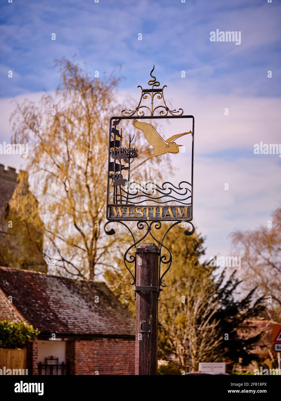 Das Dorfzeichen von Westham in der Nähe von Eastbourne, East Sussex, Großbritannien. Stockfoto