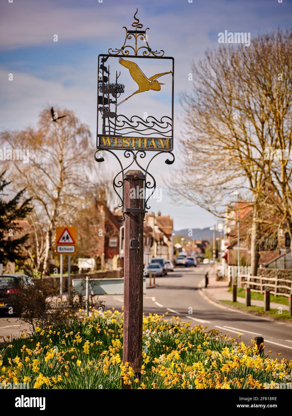 Das Dorfzeichen von Westham in der Nähe von Eastbourne, East Sussex, Großbritannien. Stockfoto