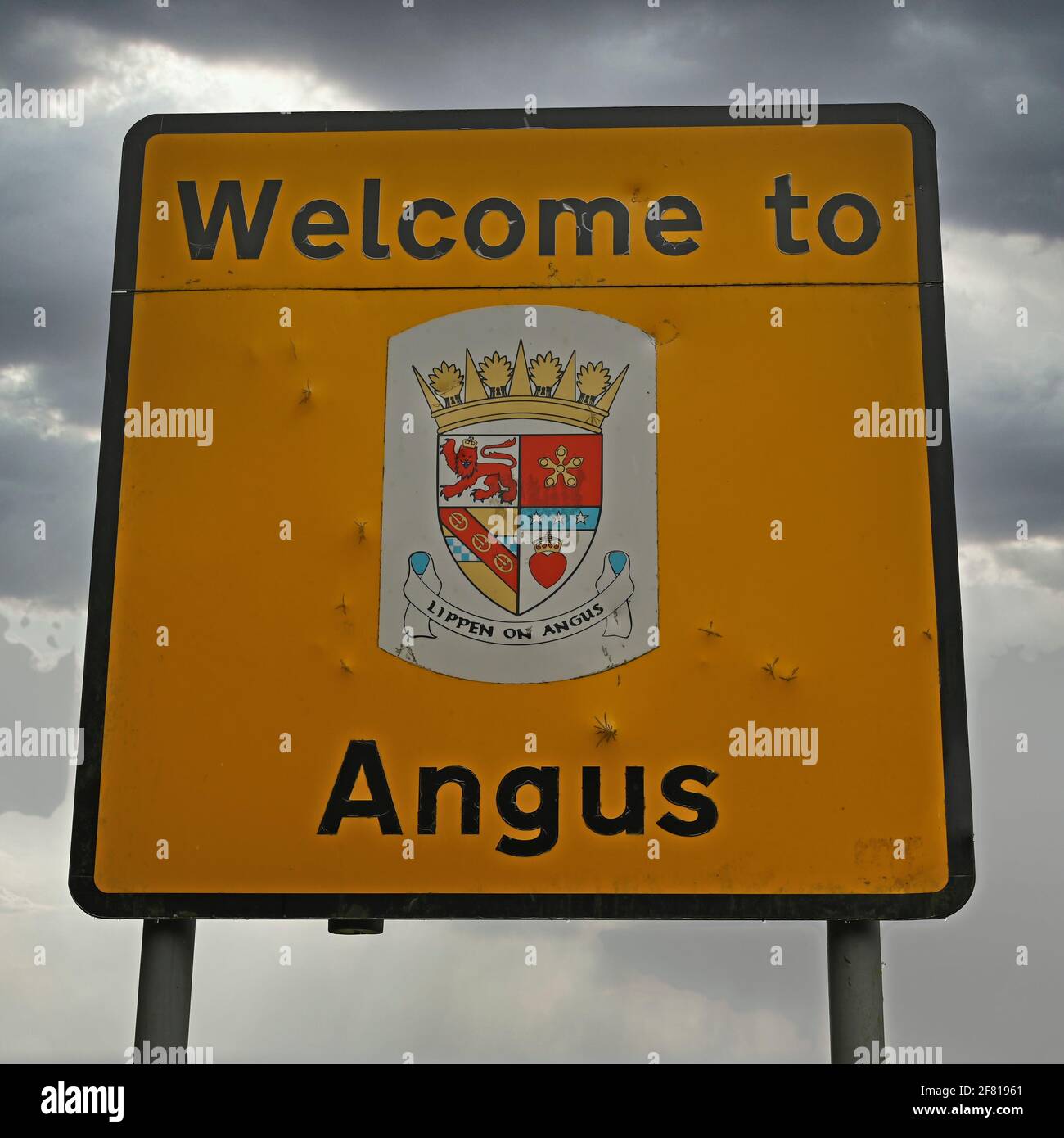 Willkommen bei Angus Schild an der Ortsgrenze. Schottland, Großbritannien. Authentisches, verwittertes Schild mit bewölktem Hintergrund. Stockfoto