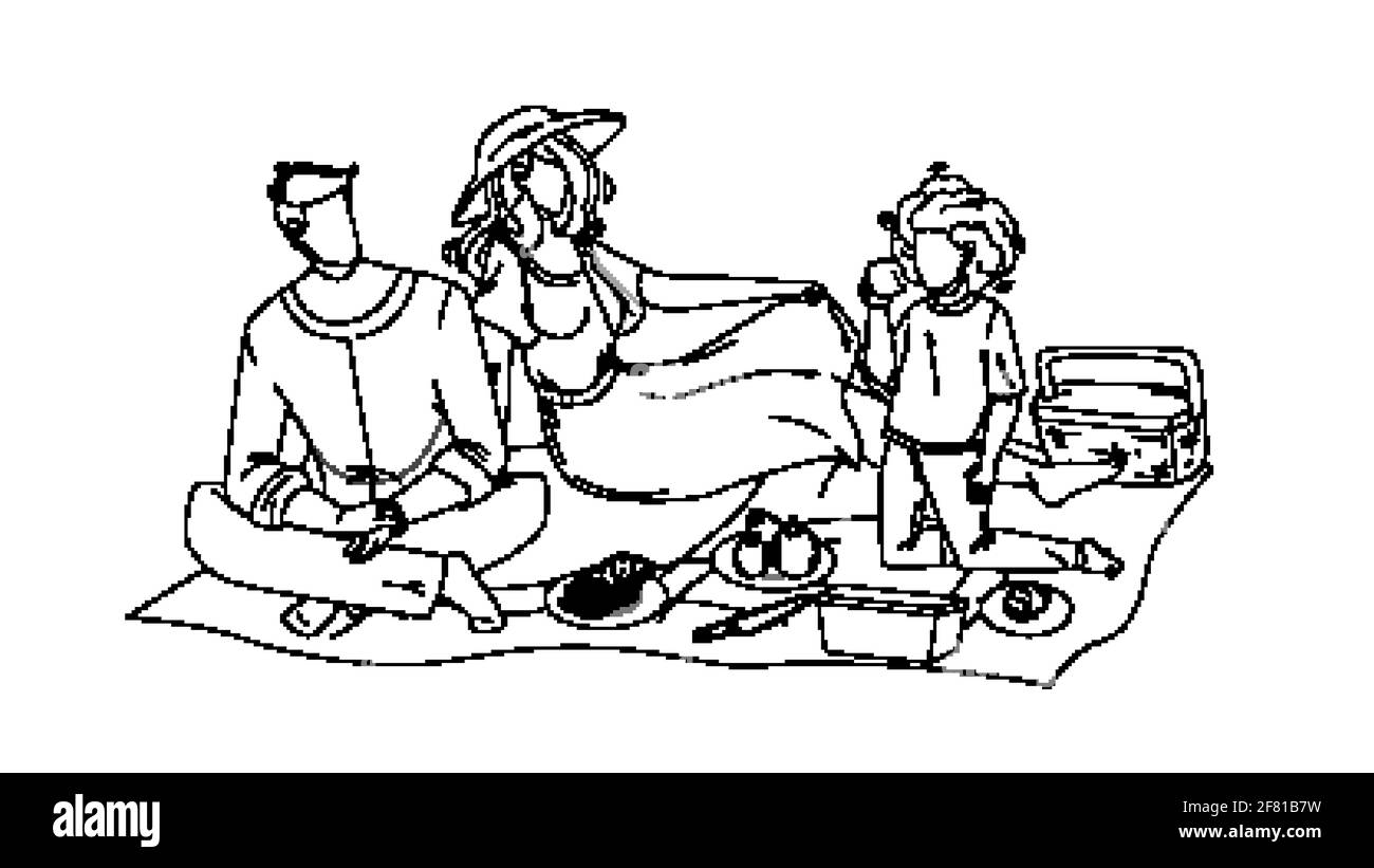 Familie Picknick Mann, Frau Und Mädchen In Der Natur Vektor Stock Vektor