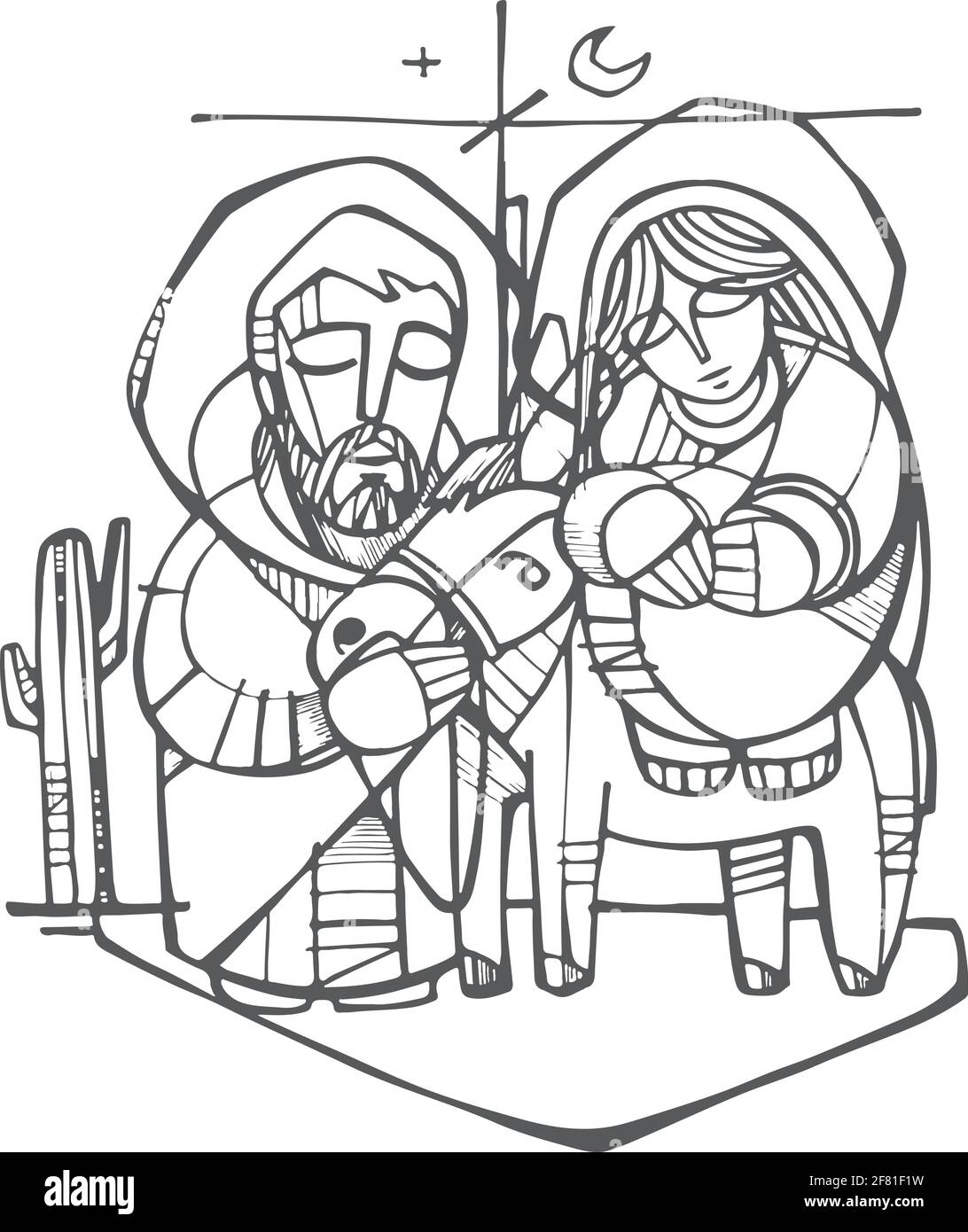 Handgezeichnete Vektorgrafik oder Zeichnung des Heiligen Joseph und Jungfrau Maria bei der Geburt Christi Stock Vektor