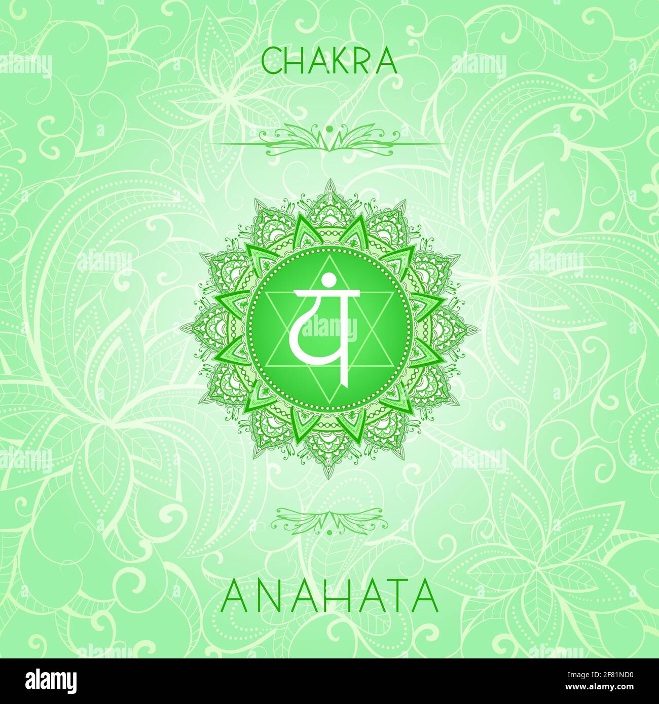 Vektorgrafik mit Symbol Chakra Anahata auf ornamentalem Hintergrund. Rundes Mandala-Muster und handgezeichneter Schriftzug. Farbig. Stock Vektor