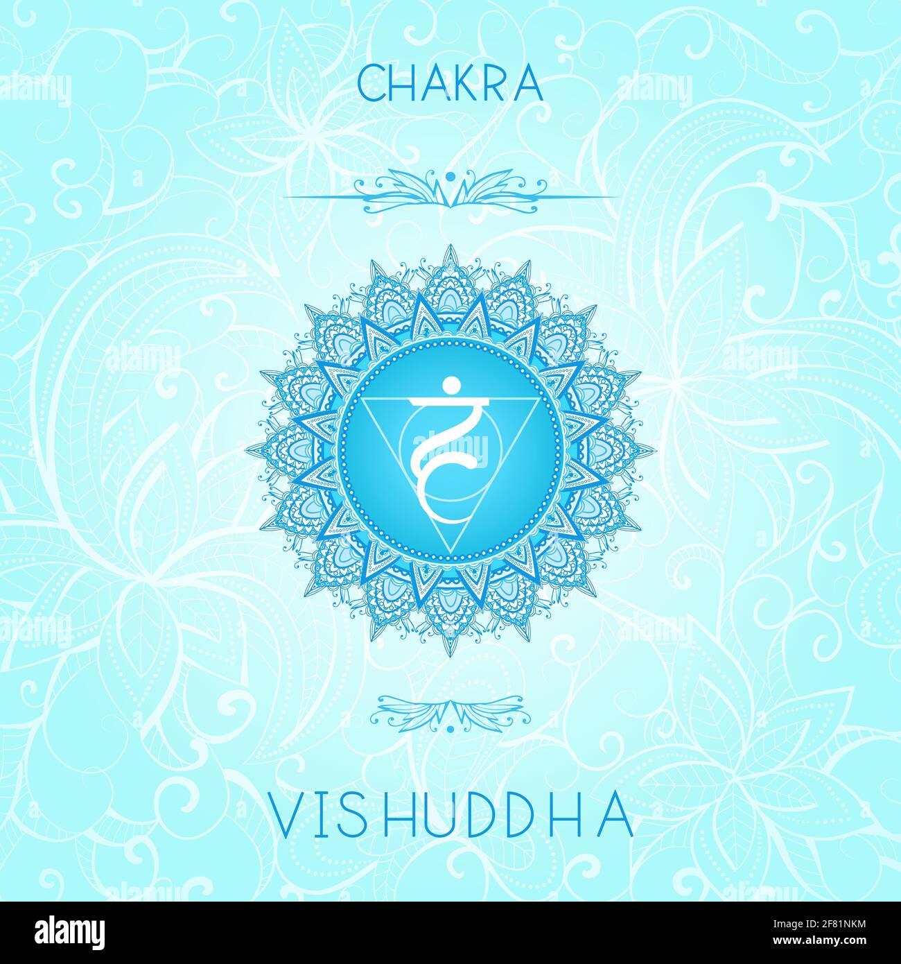 Vektor-Illustration mit Symbol Chakra Vishuddha auf ornamentalen Hintergrund. Rundes Mandala-Muster und handgezeichneter Schriftzug. Farbig. Stock Vektor