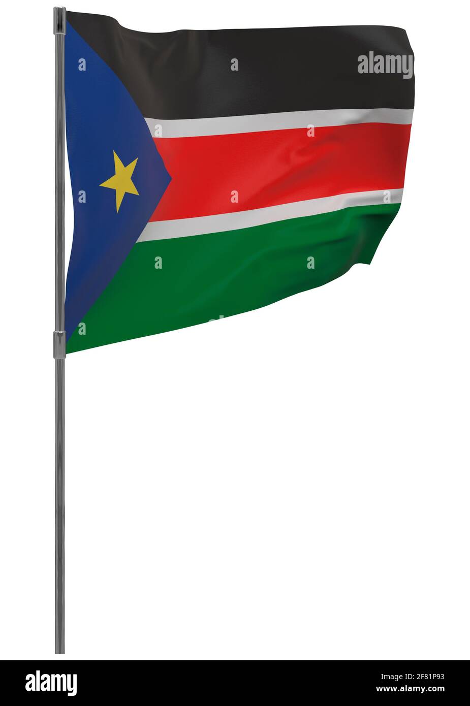 Südsudan Flagge auf Stange. Winkendes Banner isoliert. Nationalflagge des Südsudan Stockfoto