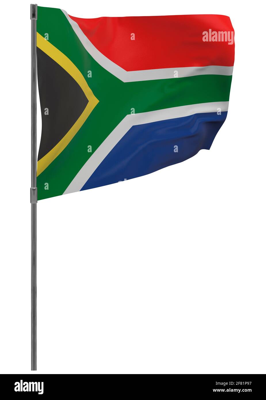 Südafrikanische Flagge auf der Stange. Winkendes Banner isoliert. Nationalflagge Südafrikas Stockfoto