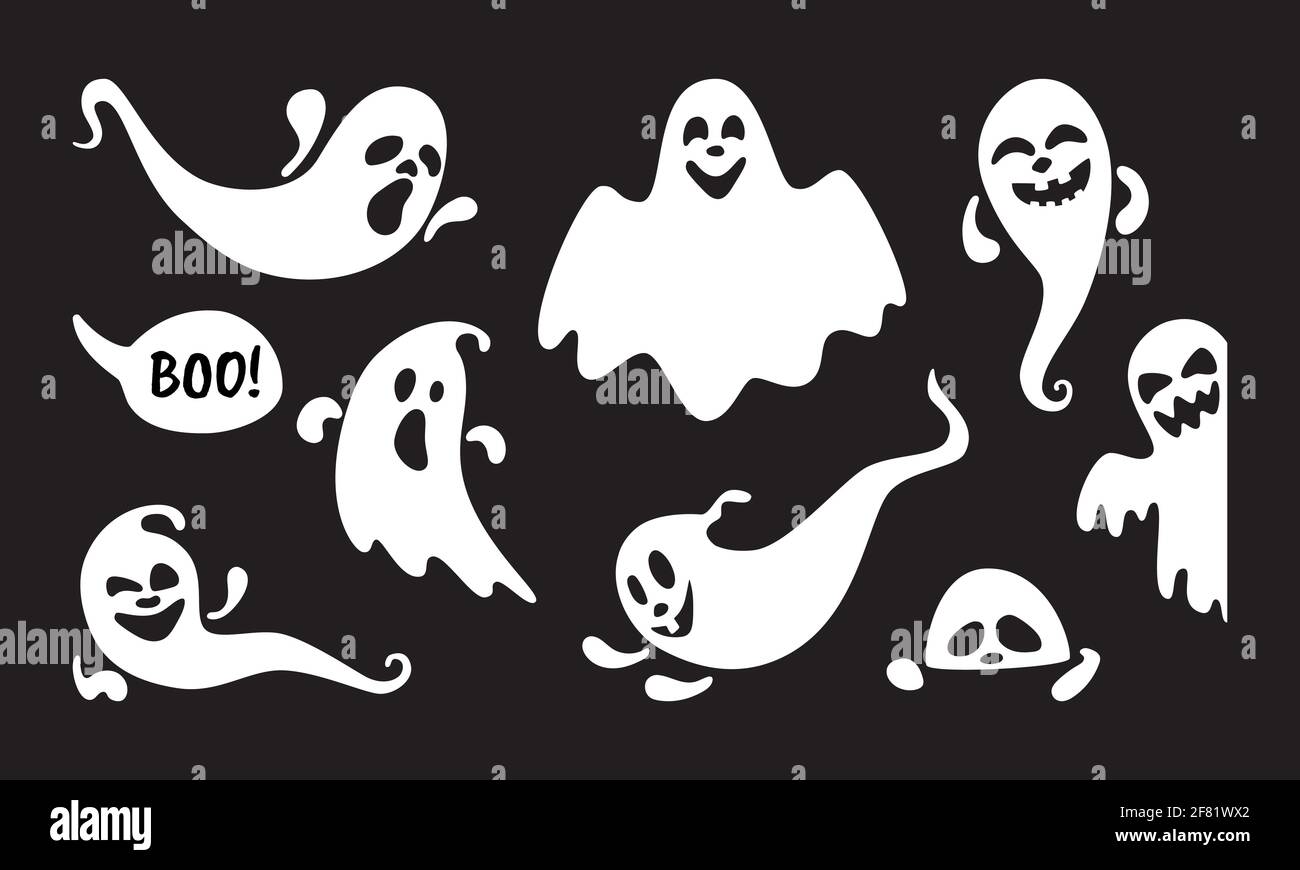 Niedliche Geist Urlaub Zeichen flachen Stil Design Vektor Illustration Set isoliert auf schwarzem Hintergrund. Halloween boo gruseliges Symbol, das über dem Schwarzen fliegt Stock Vektor