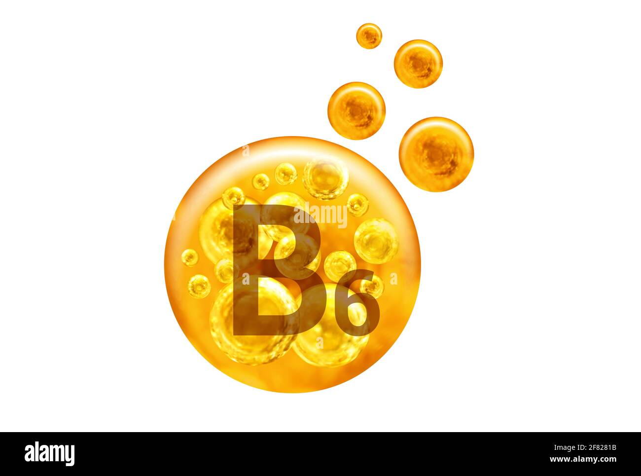 Vitamin B6-Kapsel. Goldene Kugeln mit Blasen isoliert auf weißem Hintergrund. Gesundes Lifestyle-Konzept. Stockfoto