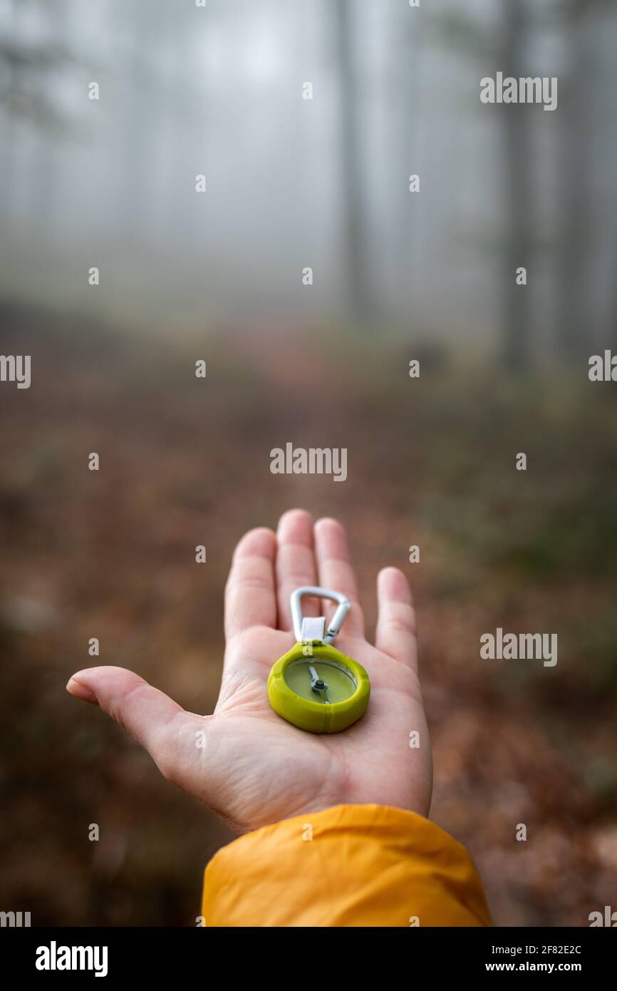 Treffen Sie die Entscheidung, welchen Weg Sie aus dem Nebelwald gehen sollten. Verlorene Reisende, die ihren Kompass in der Hand hält. Frau beim Wandern in der Natur Stockfoto