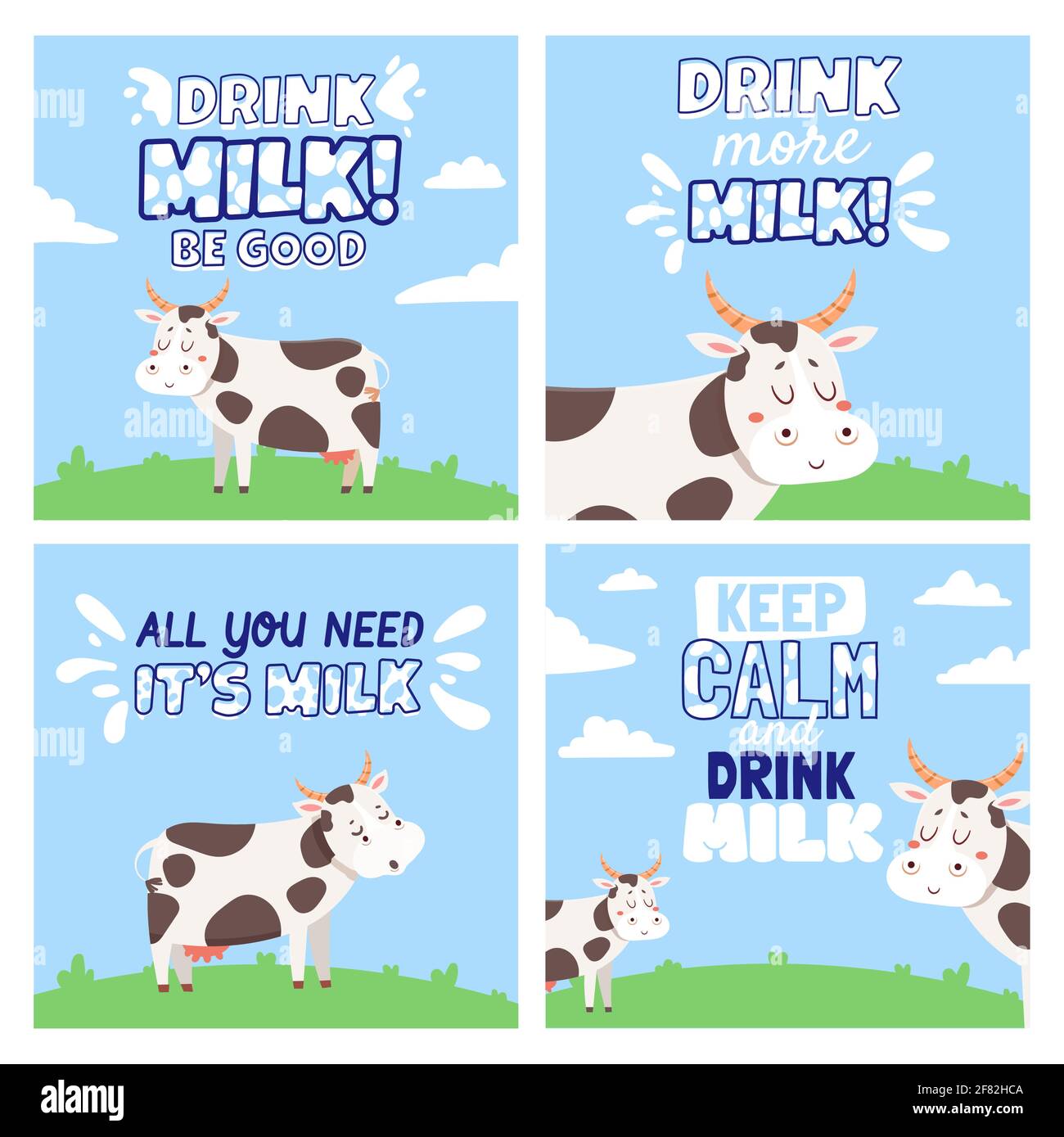 Trinken Sie Kuhmilch. Plakate mit ländlicher Landschaft, Feld, Kühen, Spritzern und Trinkmilchzitaten. Vektorbanner für landwirtschaftliche Tiere und Milchprodukte Stock Vektor