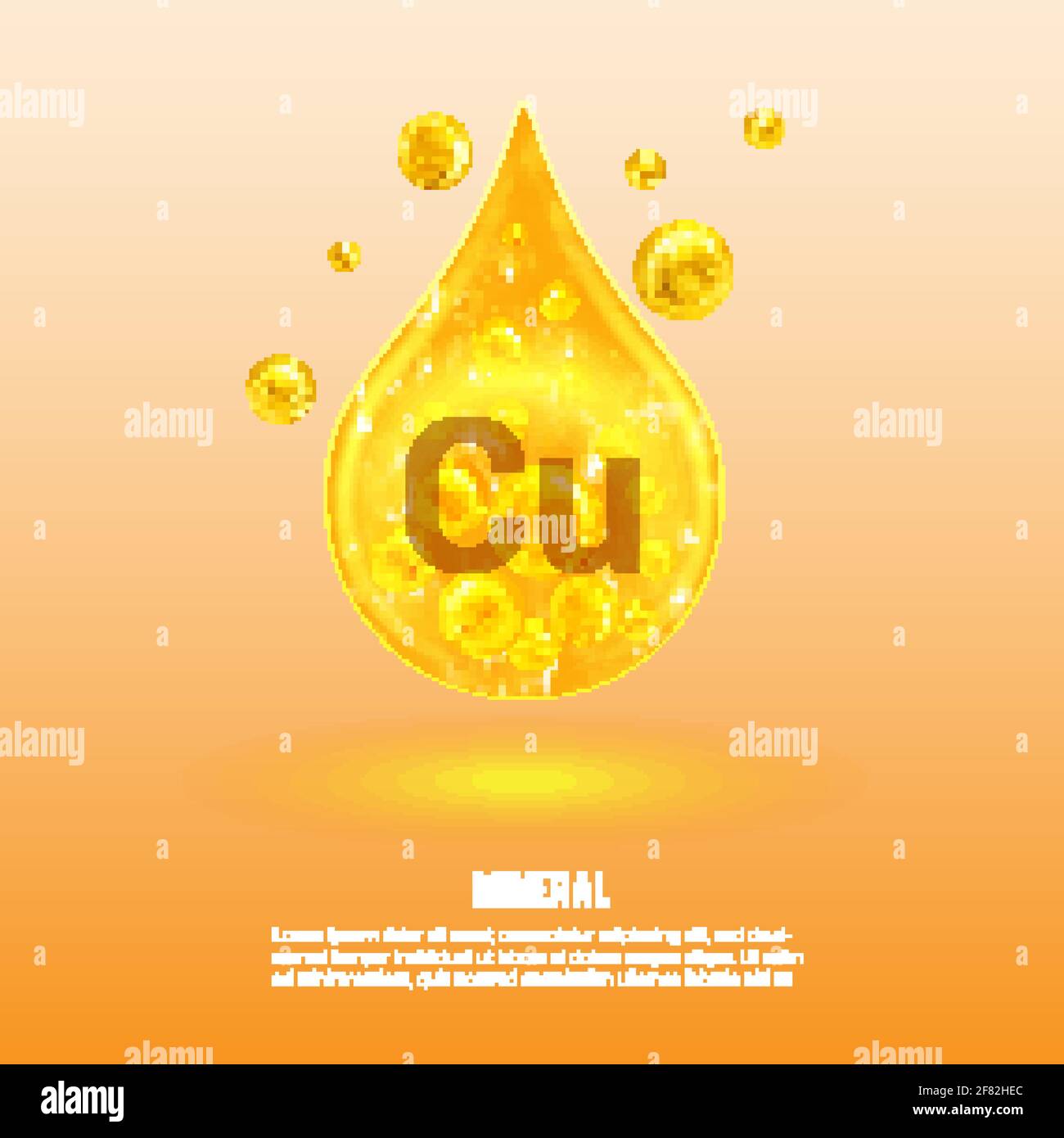 Mineral Cu. Kupfer. Mineralvitaminkomplex. Goldener Tropfen und goldene Kugeln. Gesundheitskonzept. Cu-Kupfer. Stock Vektor