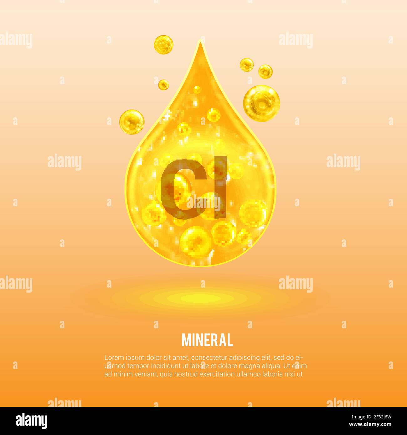 Mineralöl Kl. Chlor. Mineralvitaminkomplex. Goldener Tropfen und goldene Kugeln. Gesundheitskonzept. Cl Chlor. Stock Vektor