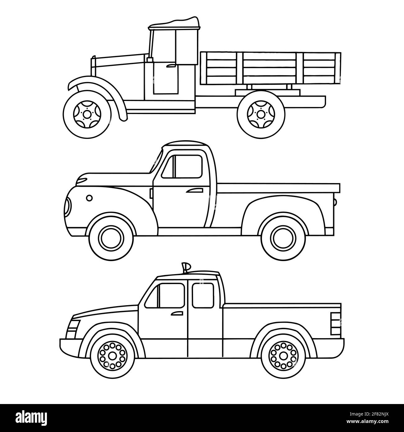 Satz von linearen Symbolen von alten Lastwagen zum Drucken. Vektorclipart Stock Vektor