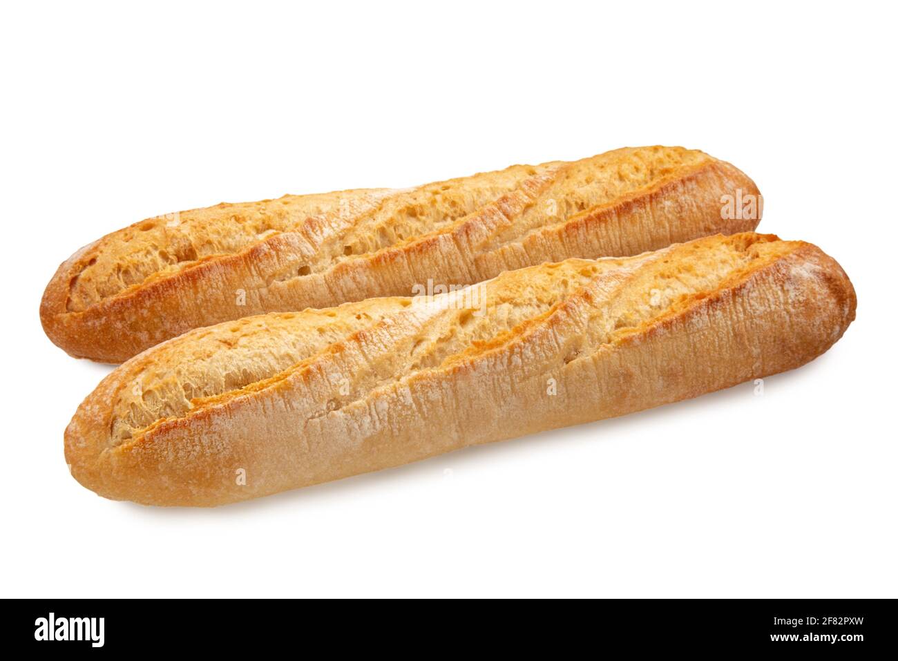 Zwei frische, knusprige französische Baguette-Brote, isoliert auf Weiß Stockfoto