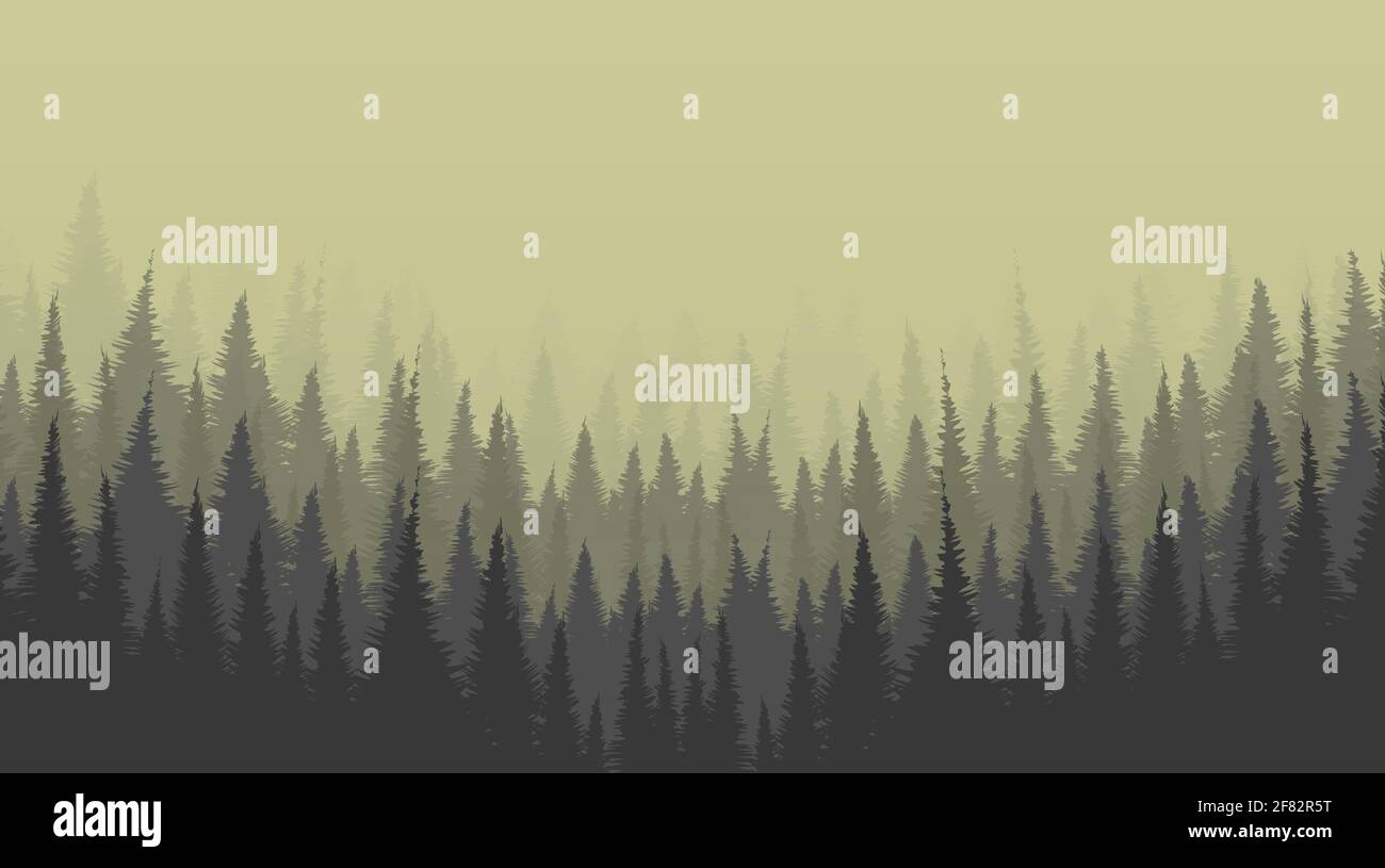 Nebliger Pinienwald Hintergrund, einsames Szenenkonzept, freier Platz für Text In Put, Vektor Stock Vektor