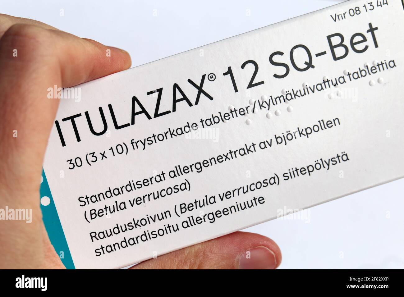 Itulazax Tree sublingual allergy immunotherapy (SLIT) Tabletten zur Desensibilisierung von Birken- und Baumpollenallergien verwendet. Apr 2020, Espoo, Finnland. Stockfoto