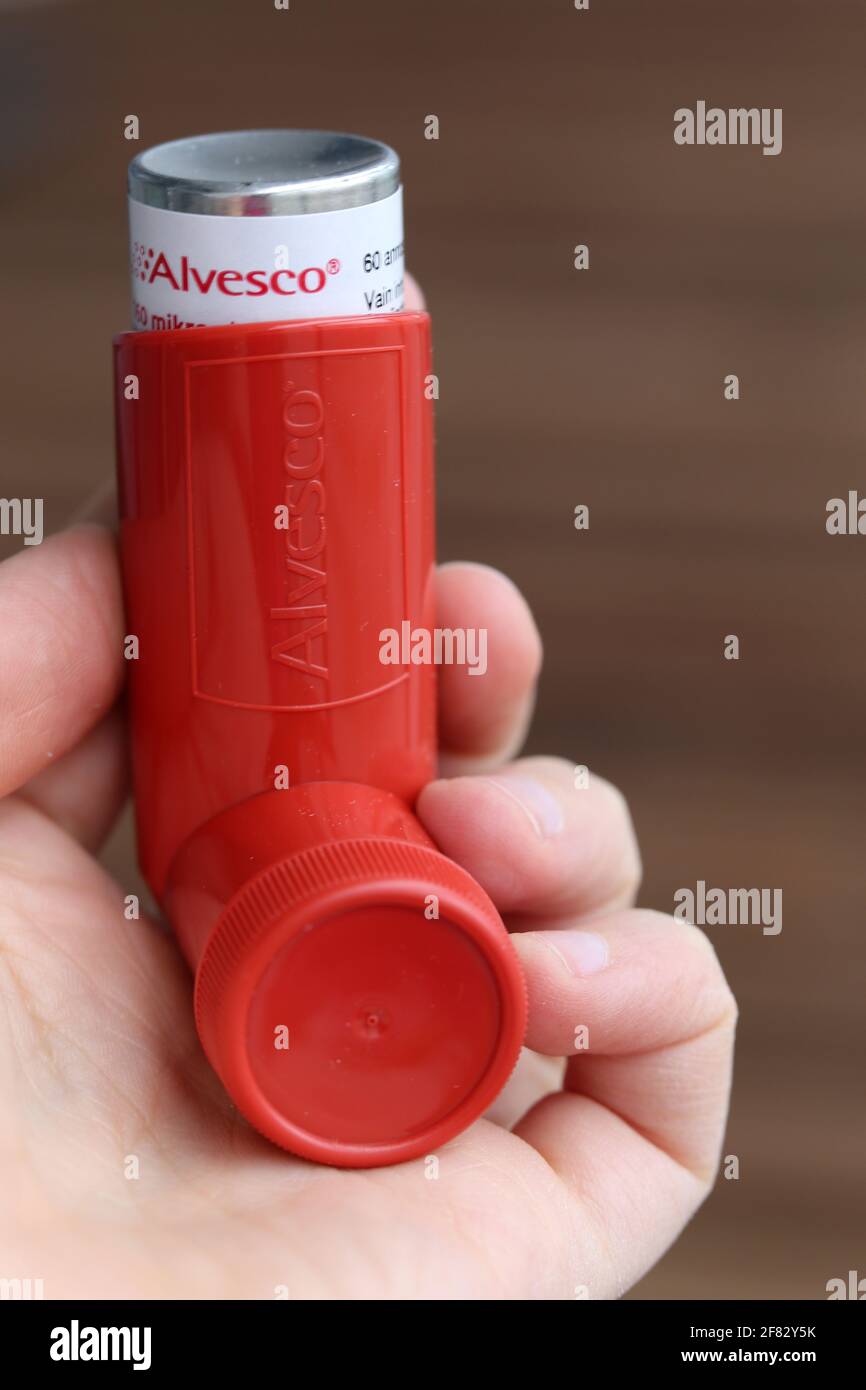 Alvesco 160 Mikrogramm pro Dosis Astma Medicine April 2020, Espoo, Finnland. Alvesco enthält Kortison, das zur Behandlung von Lungenentzündungen verwendet wird. Stockfoto