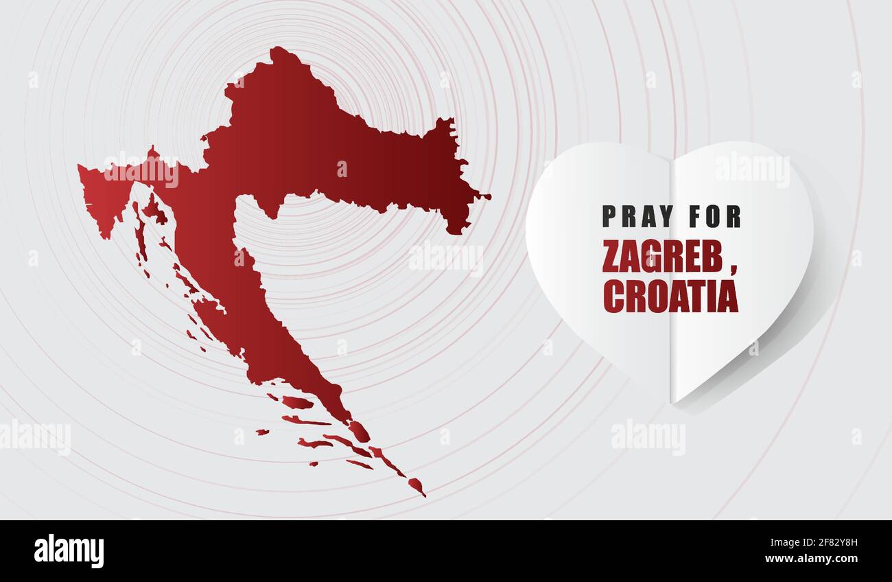 Gebet für zagreb kroatien Botschaft mit Karte auf grauem Hintergrund; Entwurf für Unterstützung und Hilfe für Menschen; Wohltätigkeitsorganisation; Spenden nach Erdbeben und Virenangriff; Stock Vektor