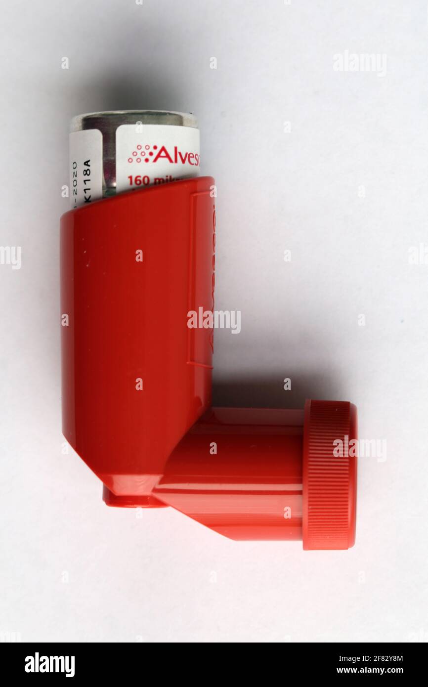 Alvesco 160 Mikrogramm pro Dosis Astma Medicine April 2020, Espoo, Finnland. Alvesco enthält Kortison, das zur Behandlung von Lungenentzündungen verwendet wird. Stockfoto