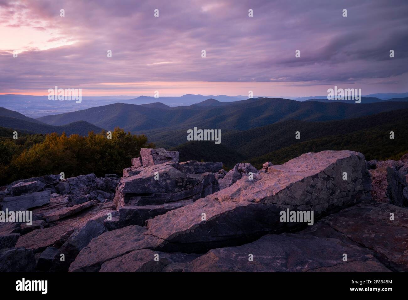 Purpurnes Umgebungslicht bei Sonnenuntergang über dem Shenandoah National Park vom Blackrock Summit. Stockfoto