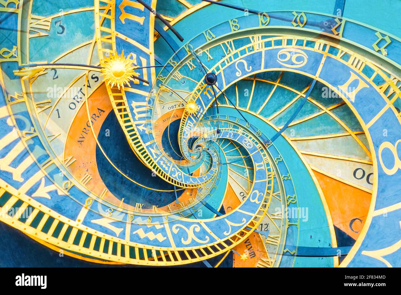 Droste Effekthintergrund basierend auf Prager astronimischer Uhr. Abstraktes Design für Konzepte rund um Astrologie, Fantasie, Zeit und Magie. Stockfoto