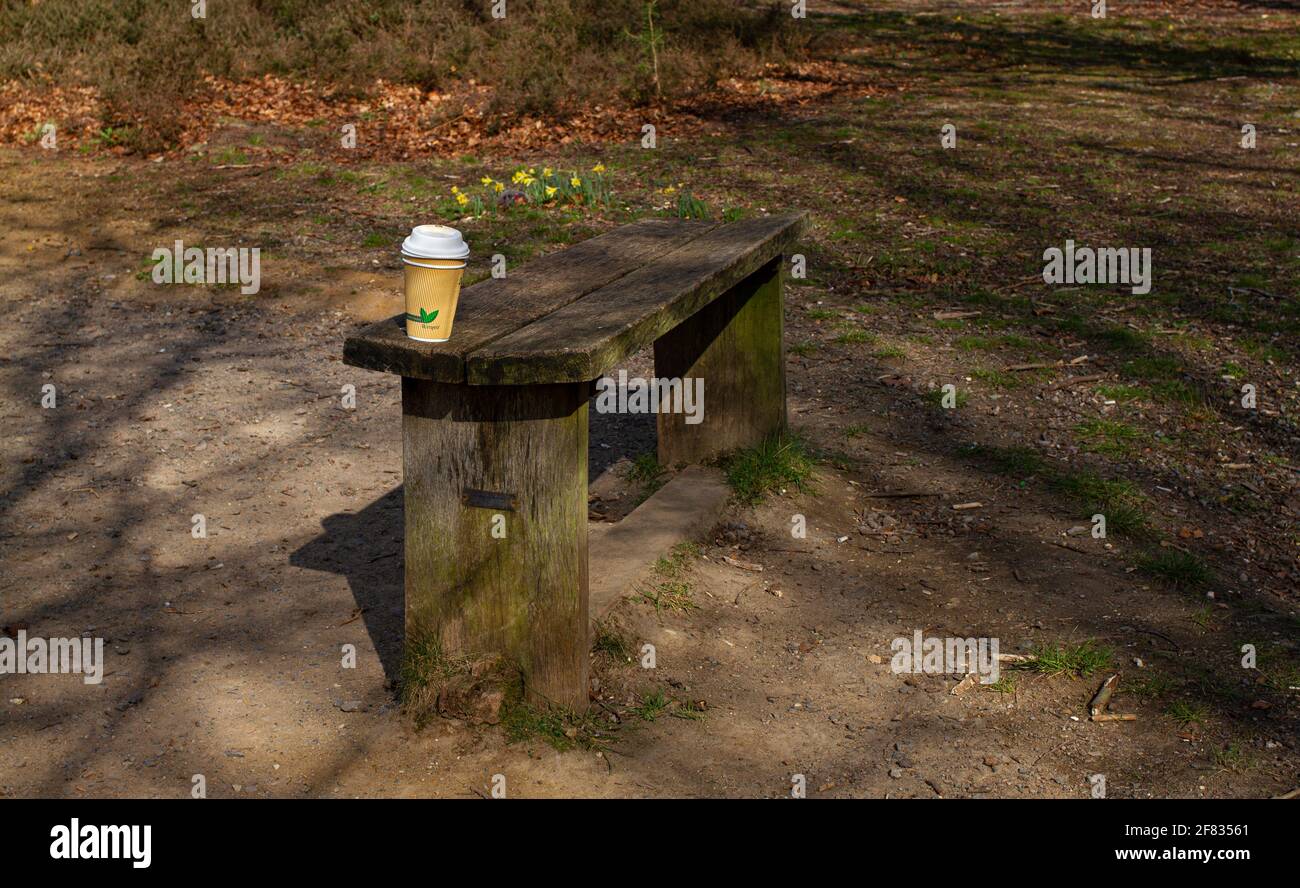 Eine ausrangierte Kaffeetasse, die auf einer Bank in Virginia Water, Windsor Great Park, Bekshire, zurückgelassen wurde Stockfoto
