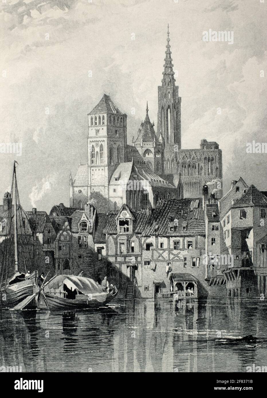 Eine historische Ansicht von St. Omer und der Kathedrale in Straßburg, Frankreich, nach einem Originaldruck von C. Stanfield R.A. und W. Richardson. Es gibt Fachwerkhäuser vor, zusammen mit Booten des Ill River. c. 1850er. Stockfoto