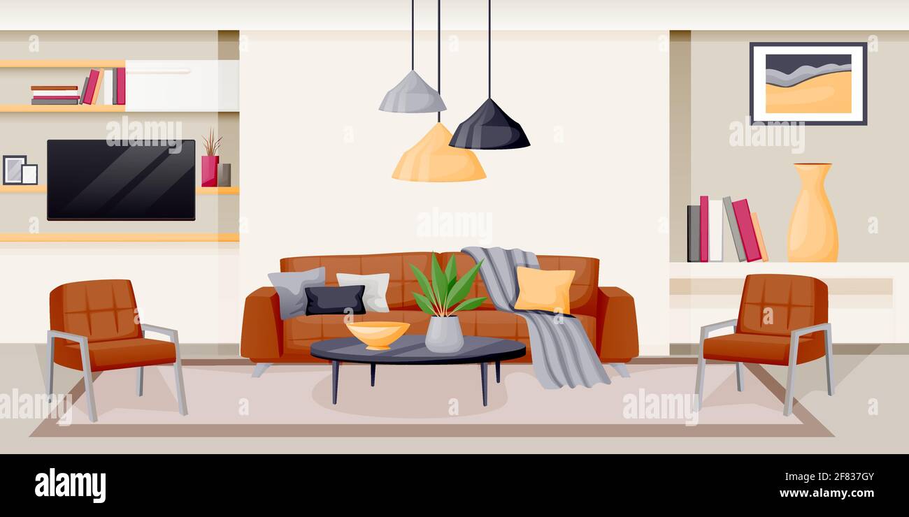 Moderne Wohnzimmereinrichtung. Vektor flache Cartoon-Illustration. Haus Luxus-Apartment. Zeitgemäßer Hintergrund. Designelemente für Möbel Stock Vektor