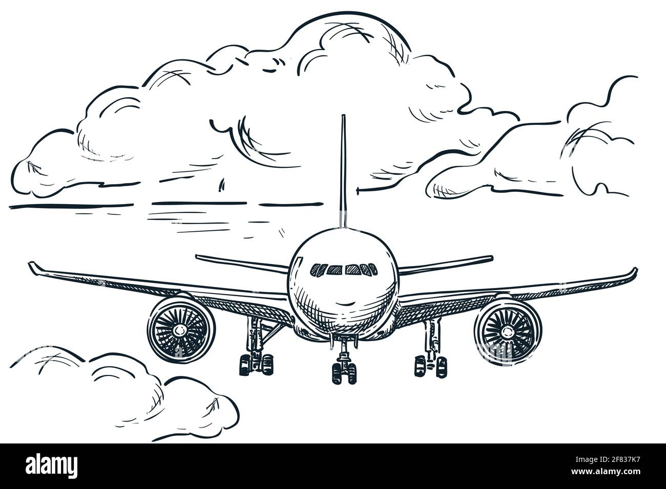 Flugzeug fliegt am Himmel, handgezeichnete Vektorgrafik. Hintergrund der Flugzeichnung. Tourismus, Reisen und Urlaub isolierte Design-Elemente Stock Vektor