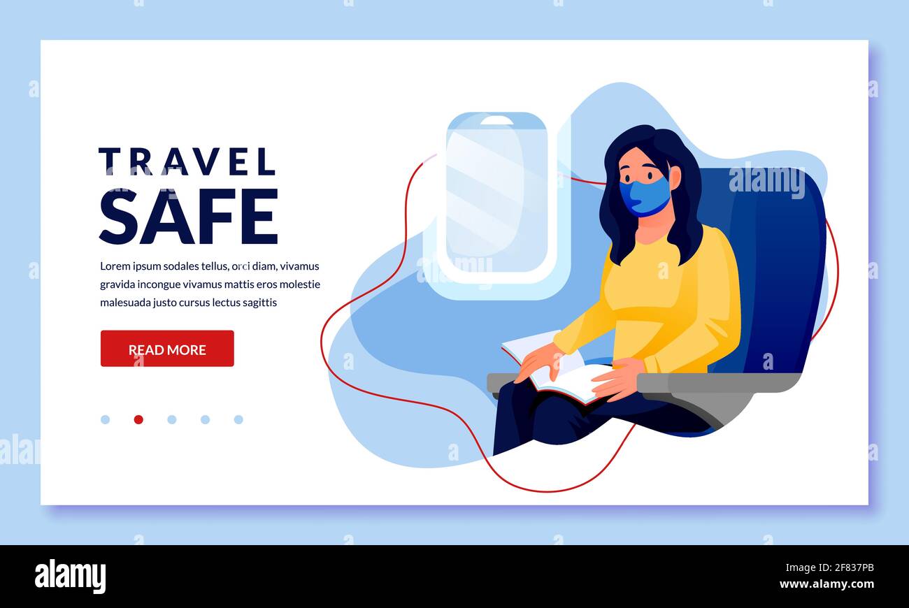 Frau in medizinischen Schutzmasken reisen mit dem Flugzeug. Beifahrerin sitzt und liest im Flugzeug. Vektor Cartoon Figur Illustration. Flugreisen Stock Vektor