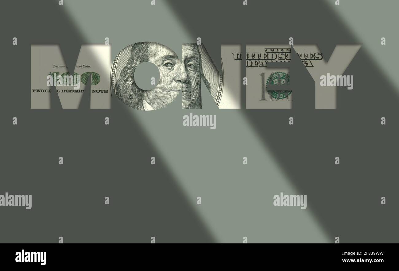 Das Wort GELD erscheint mit einem US-amerikanischen einhundert-Dollar-Schein, der die Buchstaben ausfüllt. Zwei Versionen in einem Design. Dies ist eine 3-D-Abbildung. Stockfoto