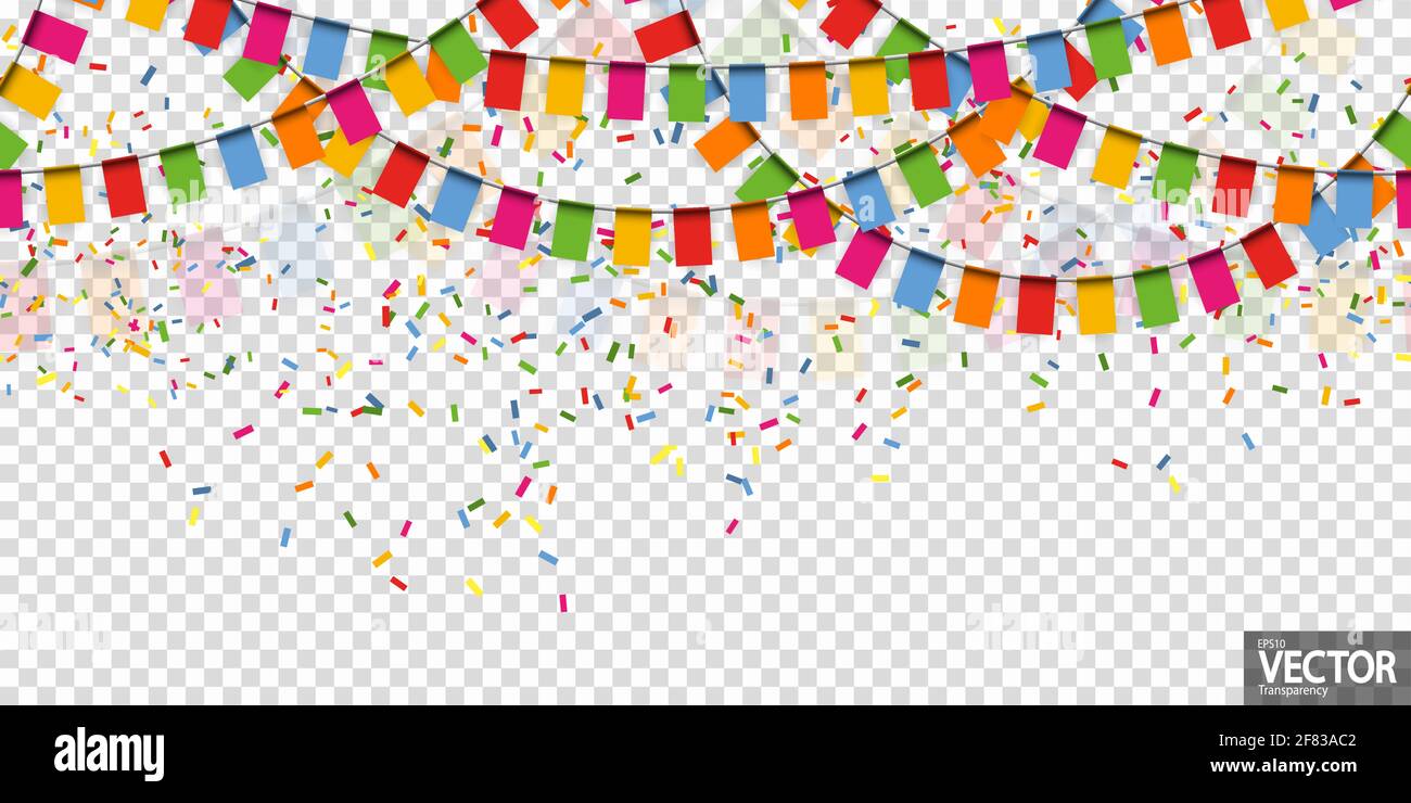 EPS 10 Vektor-Illustration von nahtlosen farbigen fröhlichen Girlanden auf Transparenter Hintergrund (in Vektordatei) Für Faschingsfeier oder sylvester Vorlage usag Stock Vektor